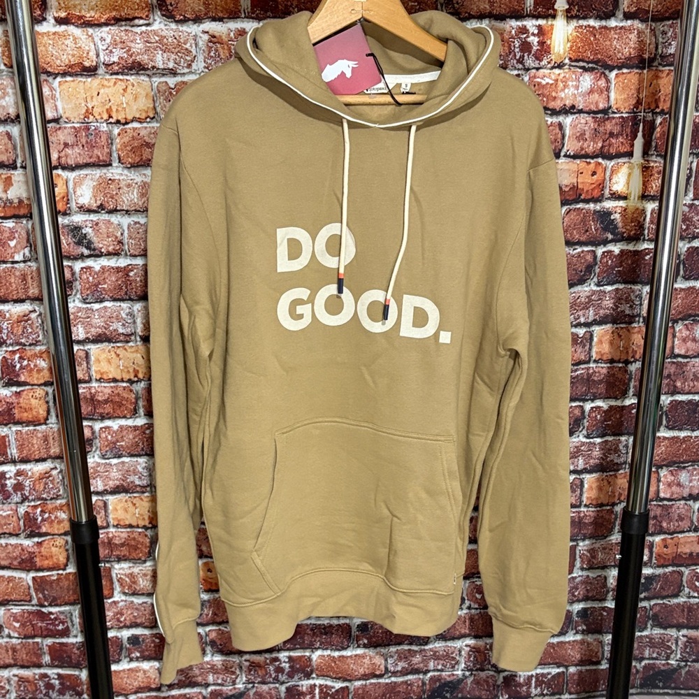 🔥 NEW with tags Cotopaxi Tan organic pullover Hoodie 'Do Good' Print small mens